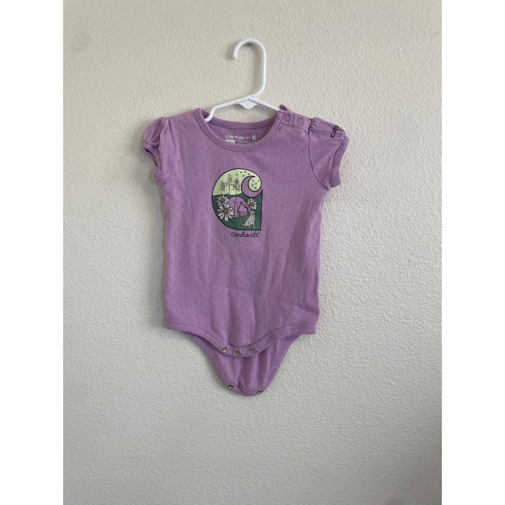 Carhartt Baby Girls Purple‎ 18M Short Sleeve Graphic Onesie Camping Dog